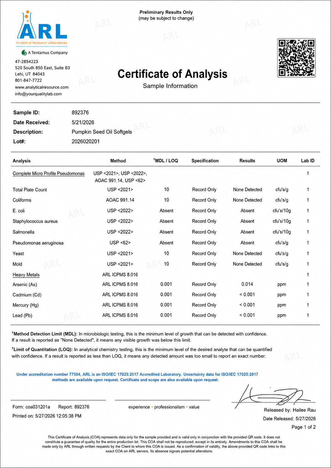 Lab tested certificate